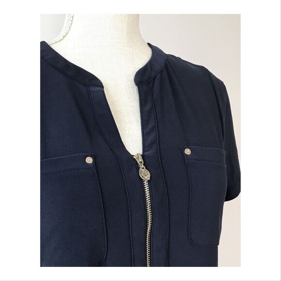Anne Klein Womens Blouse Small 1/2 Zip Pockets V-Neck Notch Short Sleeve Blue - Picture 2 of 10